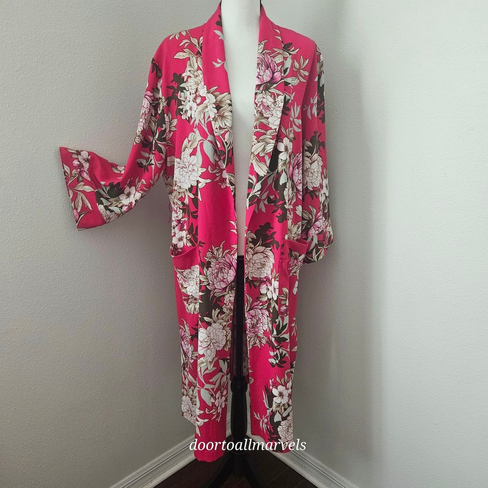 7th Ave‎ Design Kimono Duster Pink Floral Open Front Pockets sz XL